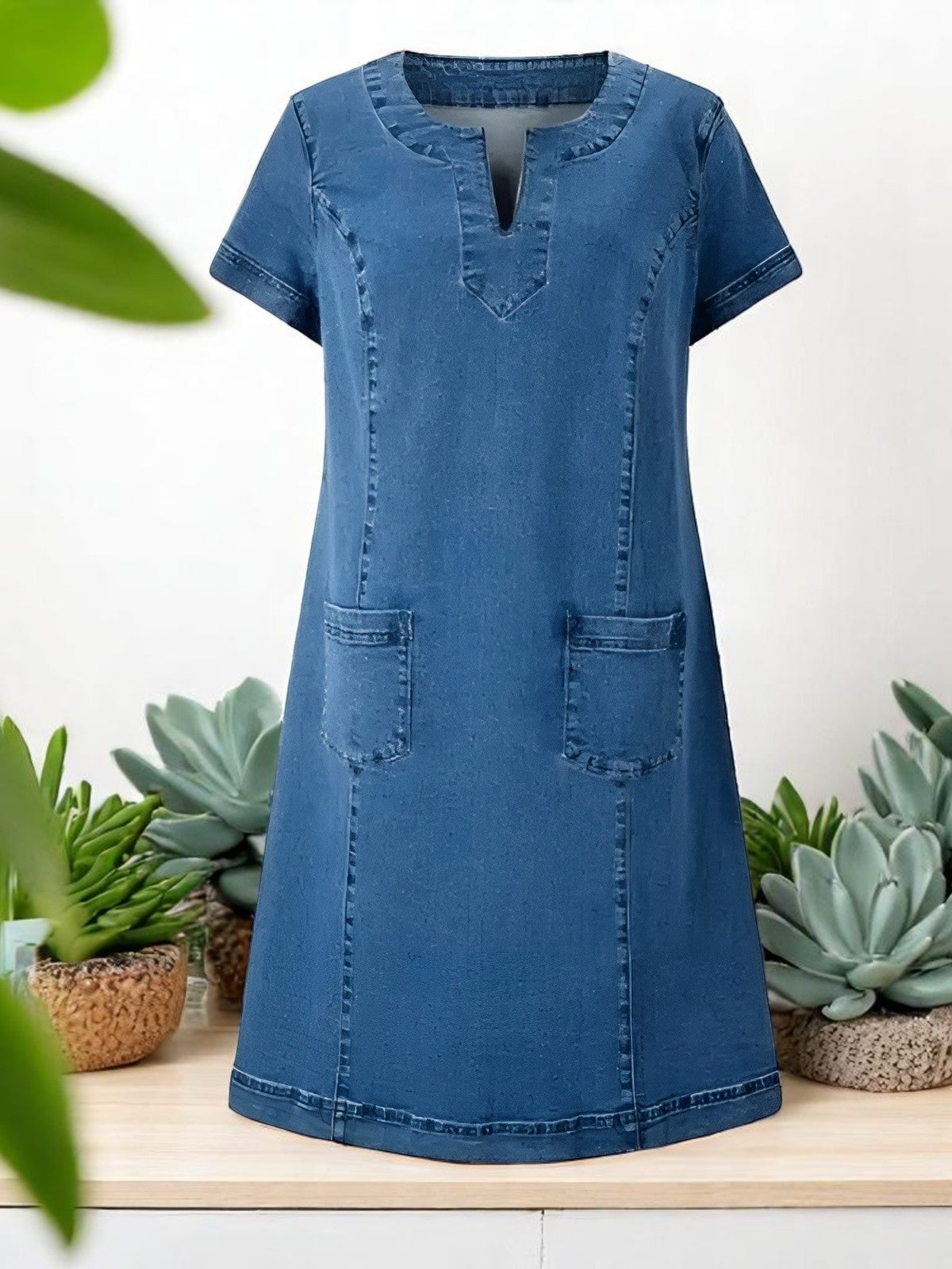Adrienne | Women's Blue Denim Notch Neck Short Sleeve Patch Pocket Mini Dress Carol & Margaret Wilmington