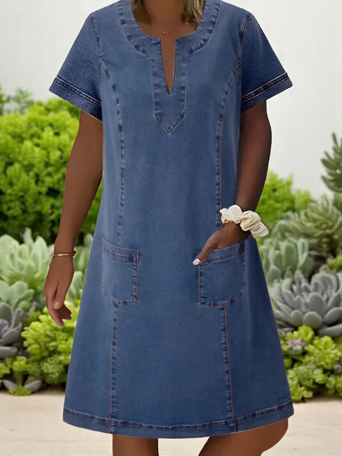 Adrienne | Women's Blue Denim Notch Neck Short Sleeve Patch Pocket Mini Dress Carol & Margaret Wilmington