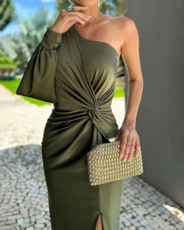 Isabella | Women's Green Satin One-Shoulder Twist-Waist Side-Slit Maxi Dress Carol & Margaret Wilmington