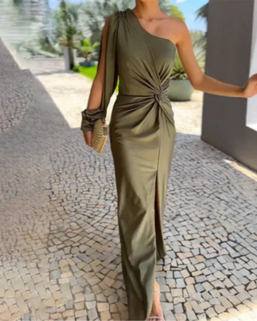 Isabella | Women's Green Satin One-Shoulder Twist-Waist Side-Slit Maxi Dress Carol & Margaret Wilmington