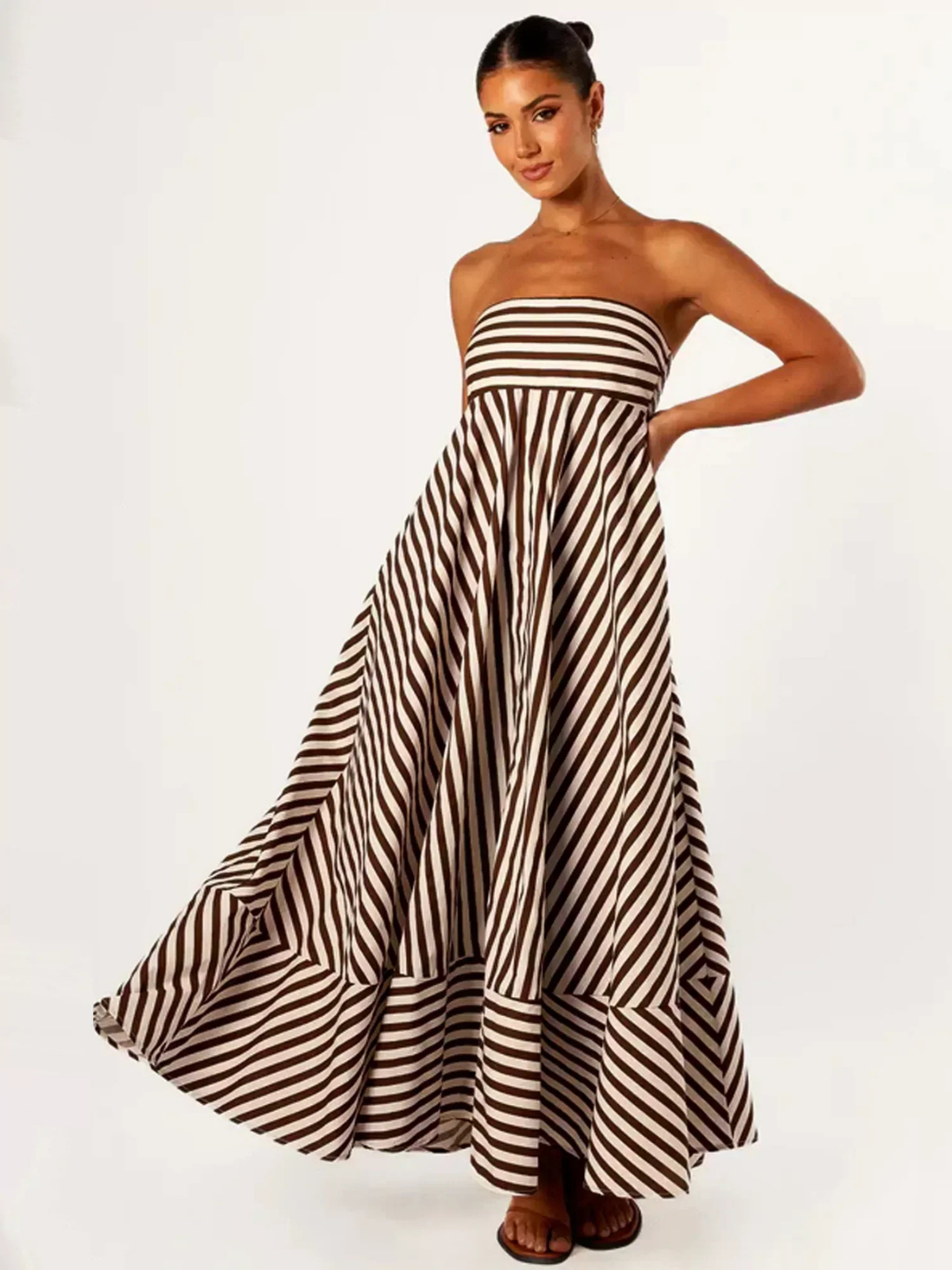 Elle | Women's Brown Cotton Striped Strapless Full-Skirt Maxi Dress Carol & Margaret Wilmington