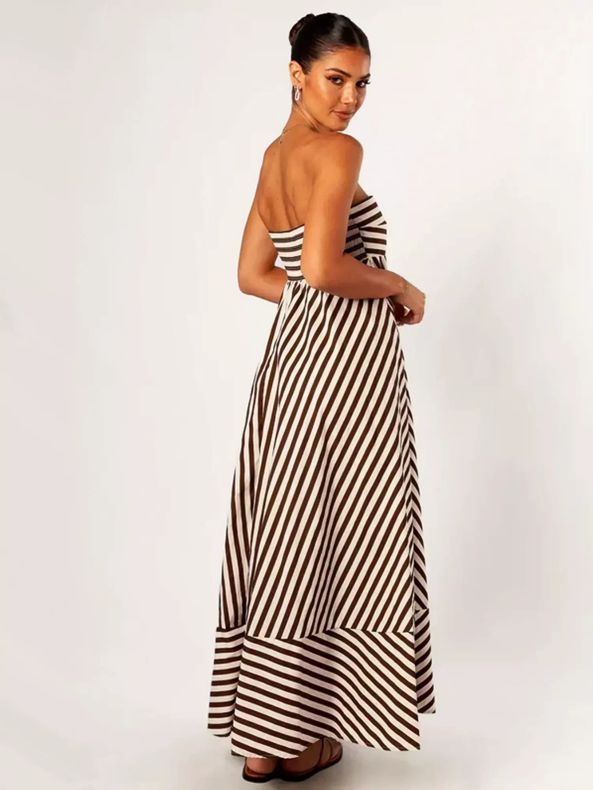 Elle | Women's Brown Cotton Striped Strapless Full-Skirt Maxi Dress Carol & Margaret Wilmington