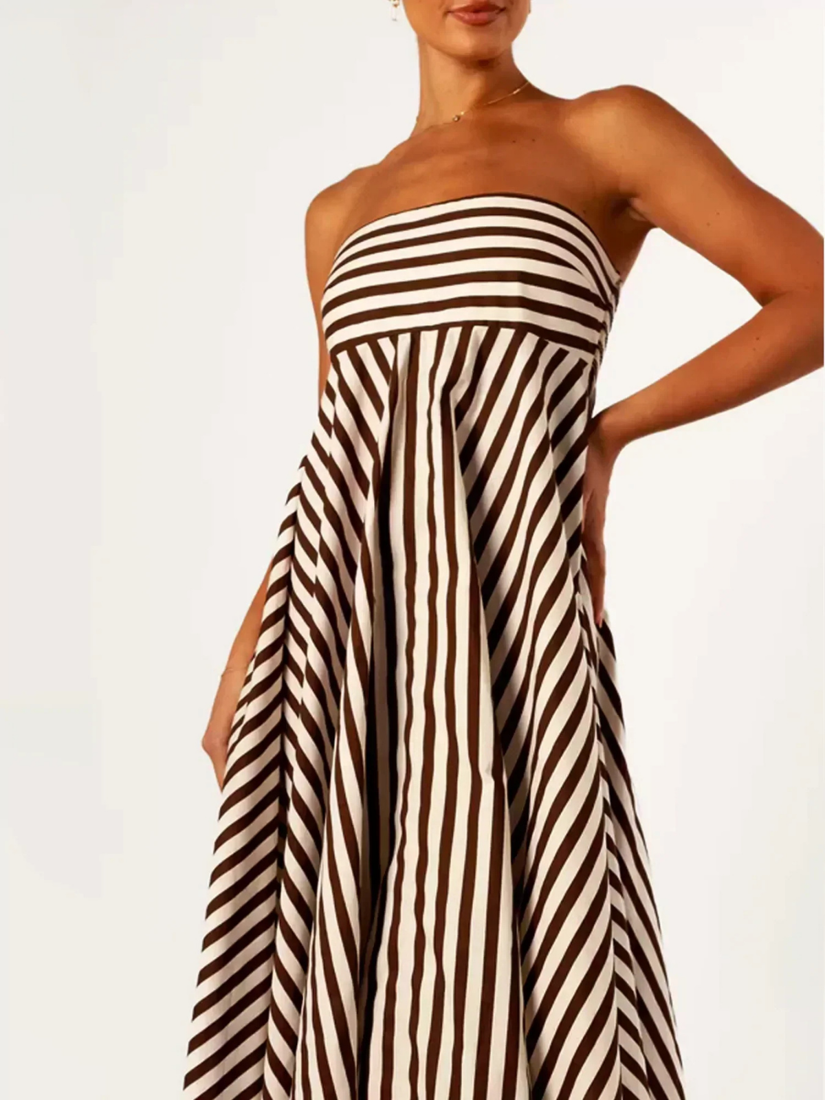 Elle | Women's Brown Cotton Striped Strapless Full-Skirt Maxi Dress Carol & Margaret Wilmington