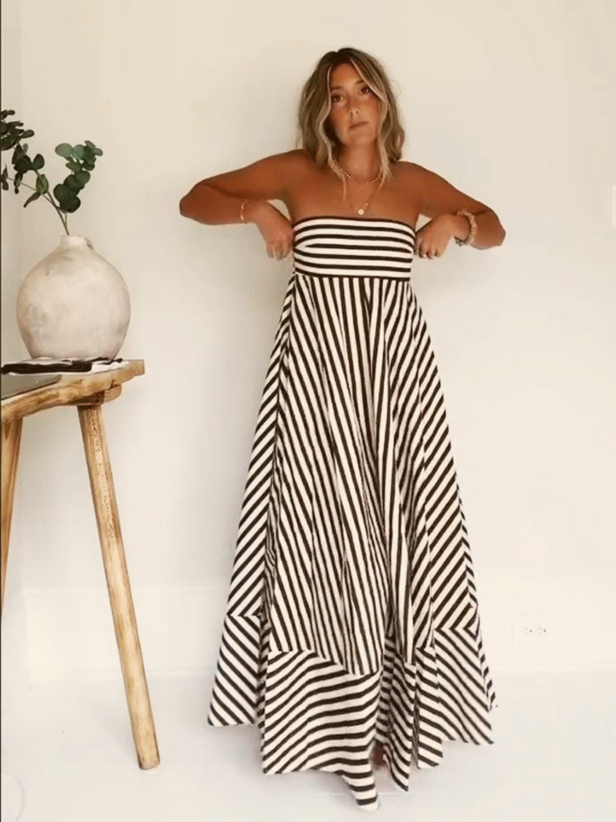 Elle | Women's Brown Cotton Striped Strapless Full-Skirt Maxi Dress Carol & Margaret Wilmington