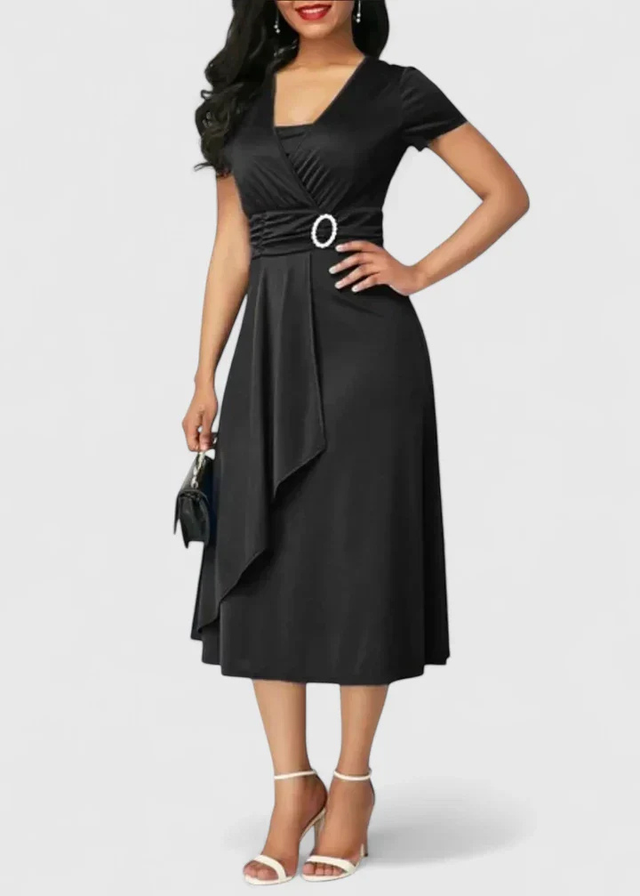 Lainey | Women's Stretch Ruched Wrap Midi Dress with Rhinestone Buckle Carol & Margaret Wilmington