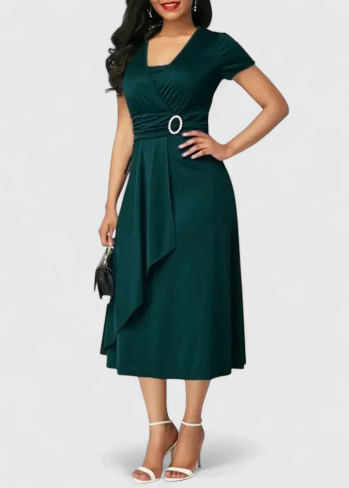 Lainey | Women's Stretch Ruched Wrap Midi Dress with Rhinestone Buckle Carol & Margaret Wilmington