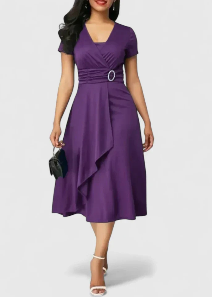 Lainey | Women's Stretch Ruched Wrap Midi Dress with Rhinestone Buckle Carol & Margaret Wilmington