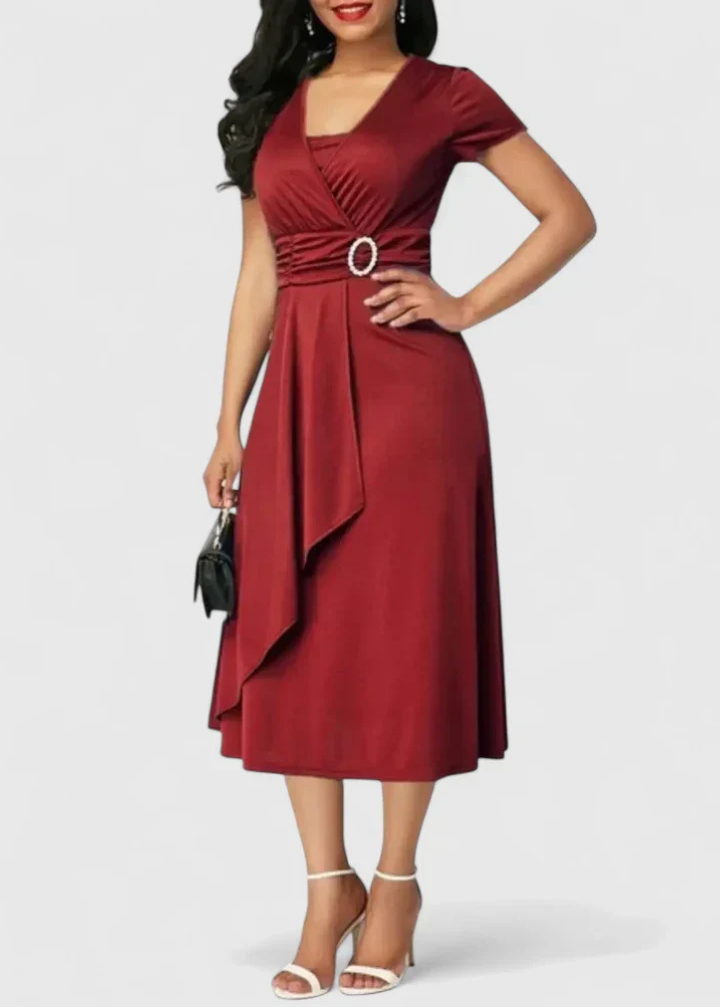 Lainey | Women's Stretch Ruched Wrap Midi Dress with Rhinestone Buckle Carol & Margaret Wilmington