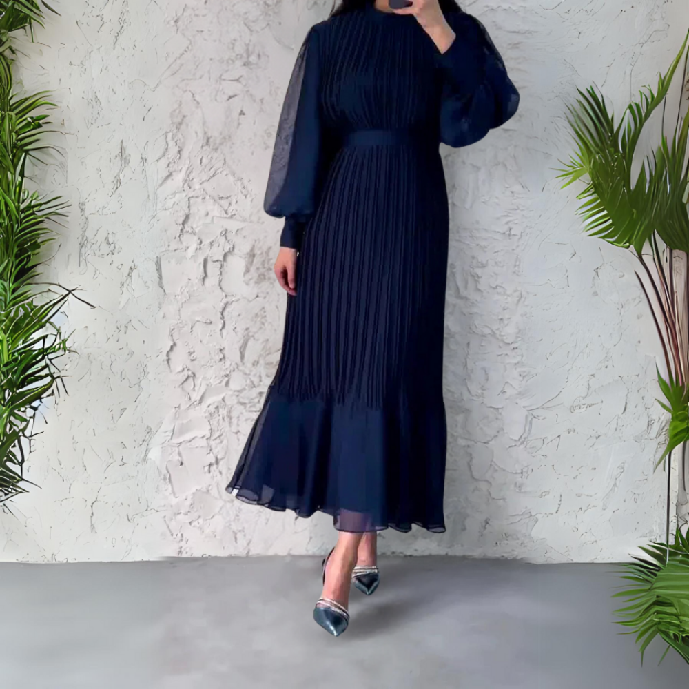 Erica | Women's Chiffon Pleated Mock Neck Long Sleeve Maxi Dress Carol & Margaret Wilmington