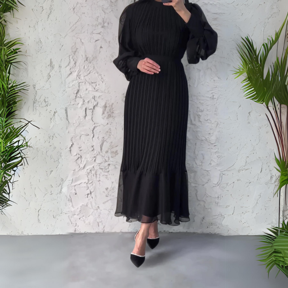 Erica | Women's Chiffon Pleated Mock Neck Long Sleeve Maxi Dress Carol & Margaret Wilmington