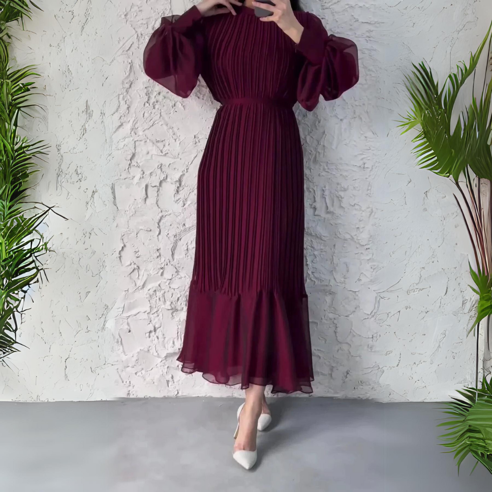 Erica | Women's Chiffon Pleated Mock Neck Long Sleeve Maxi Dress Carol & Margaret Wilmington