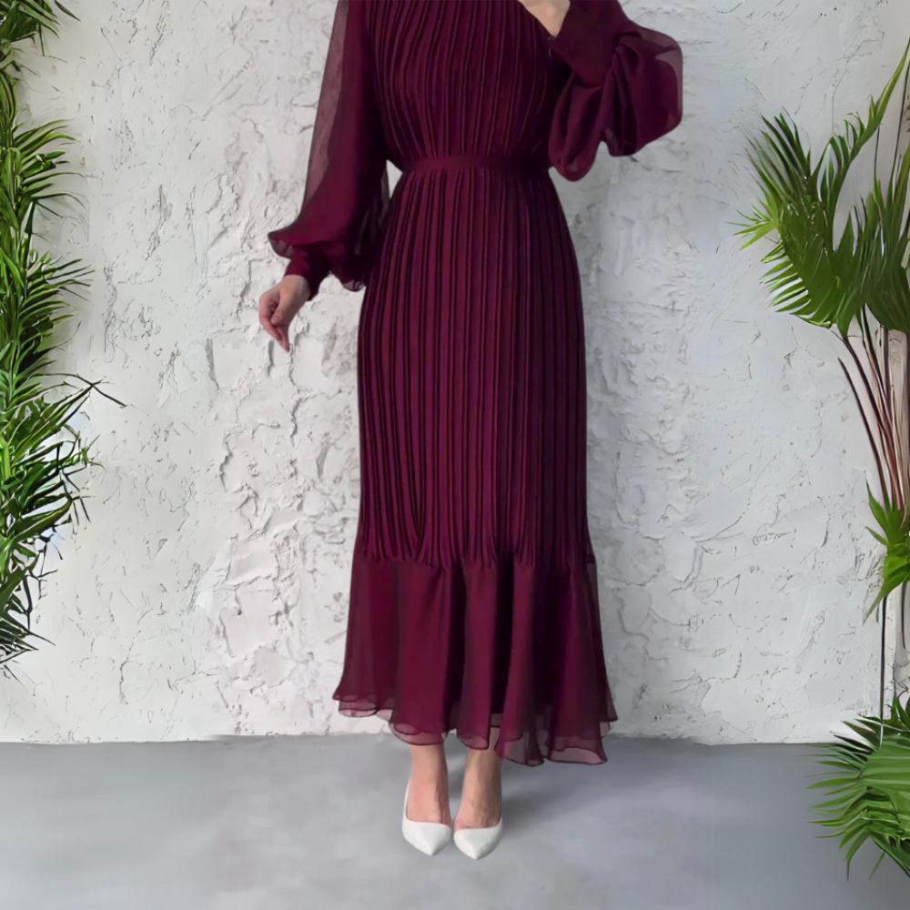 Erica | Women's Chiffon Pleated Mock Neck Long Sleeve Maxi Dress Carol & Margaret Wilmington