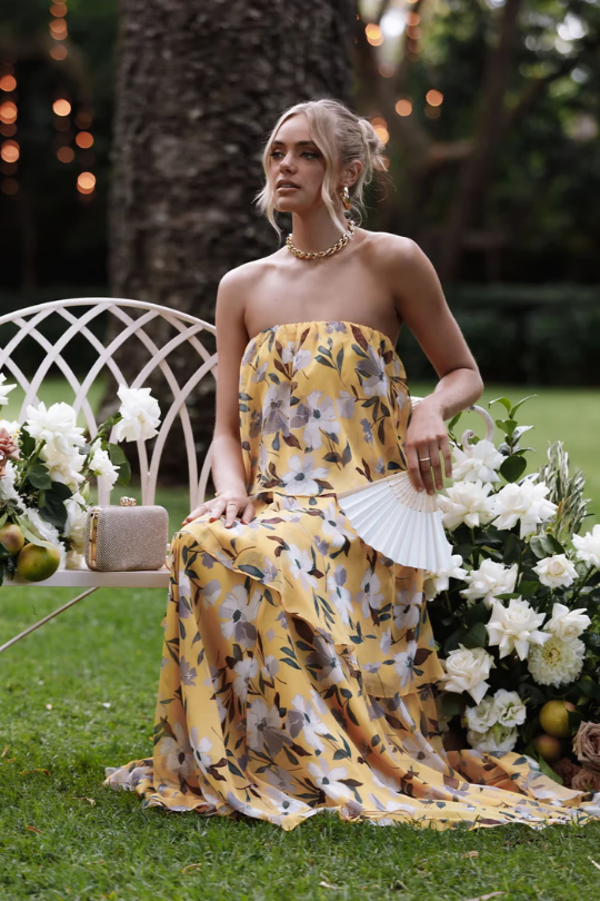 Kinsley | Women's Chiffon Tropical Print Strapless Tiered Maxi Dress Carol & Margaret Wilmington