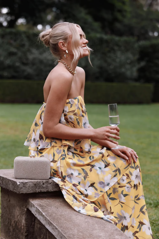 Kinsley | Women's Chiffon Tropical Print Strapless Tiered Maxi Dress Carol & Margaret Wilmington