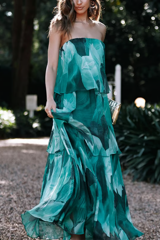 Kinsley | Women's Chiffon Tropical Print Strapless Tiered Maxi Dress Carol & Margaret Wilmington