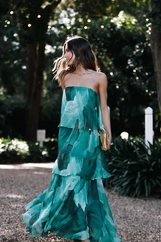 Kinsley | Women's Chiffon Tropical Print Strapless Tiered Maxi Dress Carol & Margaret Wilmington