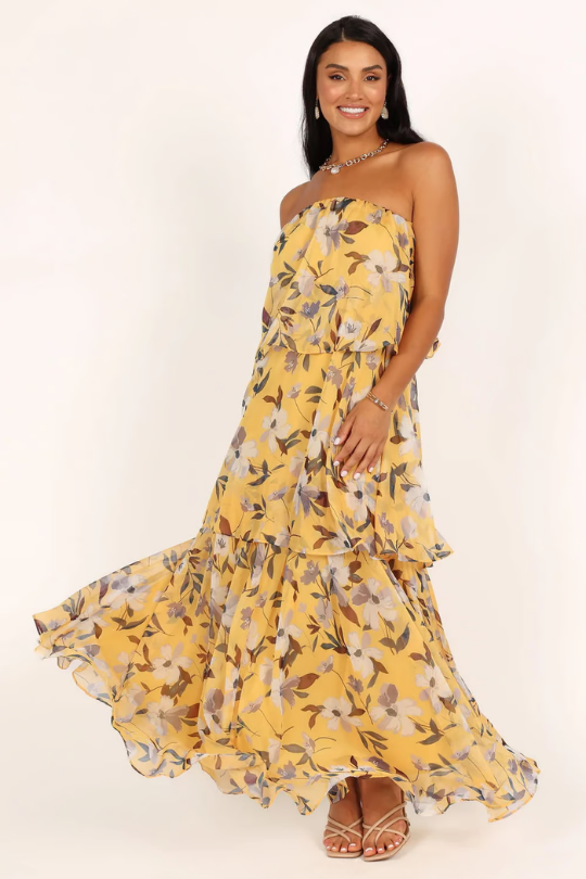 Kinsley | Women's Chiffon Tropical Print Strapless Tiered Maxi Dress Carol & Margaret Wilmington
