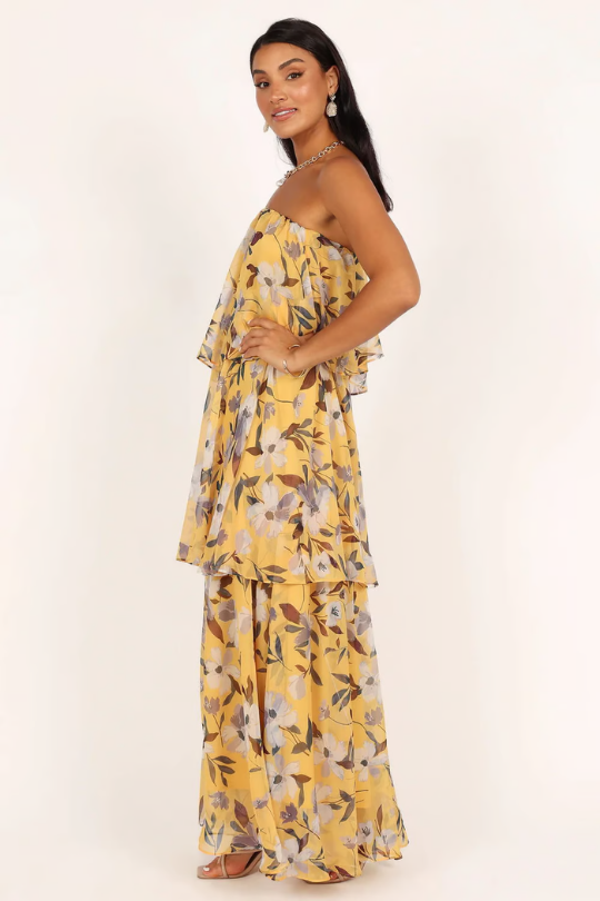 Kinsley | Women's Chiffon Tropical Print Strapless Tiered Maxi Dress Carol & Margaret Wilmington