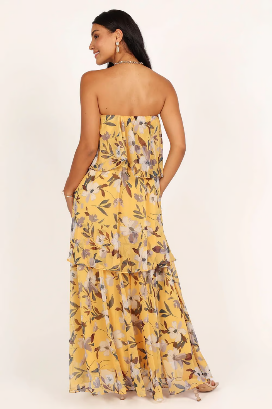 Kinsley | Women's Chiffon Tropical Print Strapless Tiered Maxi Dress Carol & Margaret Wilmington