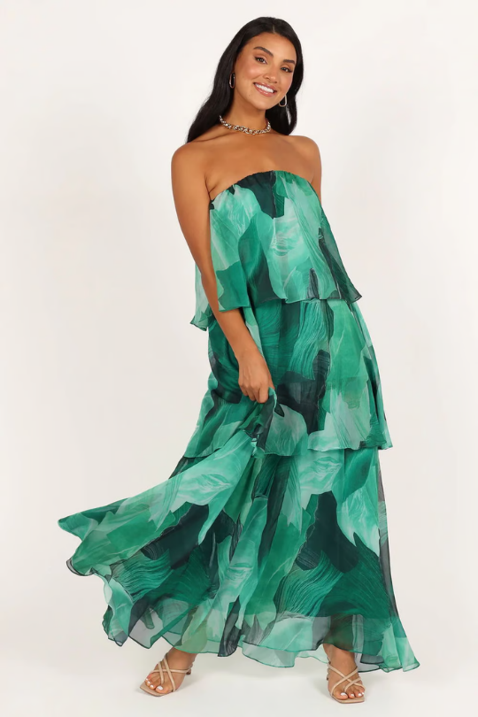 Kinsley | Women's Chiffon Tropical Print Strapless Tiered Maxi Dress Carol & Margaret Wilmington