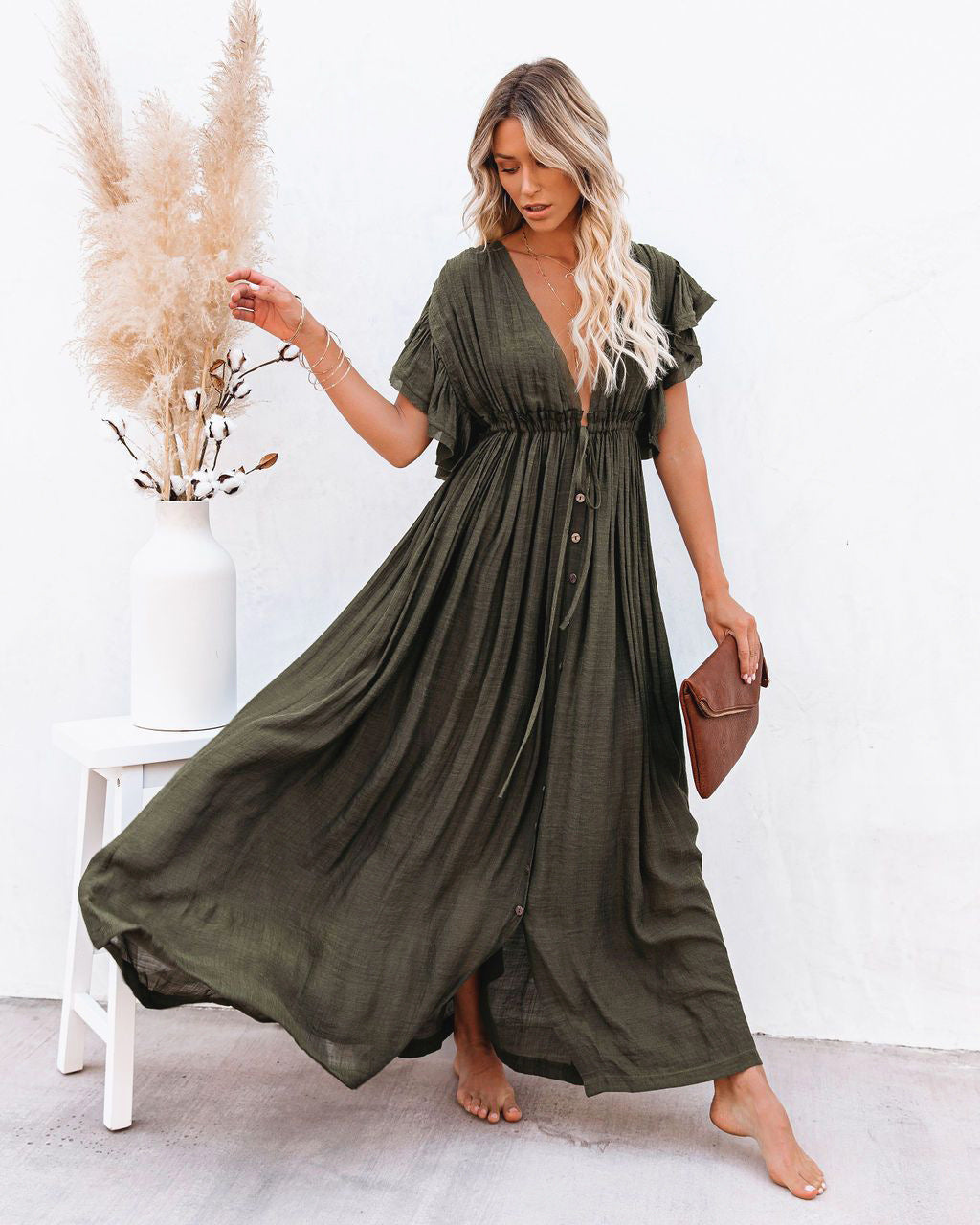 Keyla | Women's Linen Deep V-Neck Flutter Sleeve Drawstring Maxi Dress Carol & Margaret Wilmington