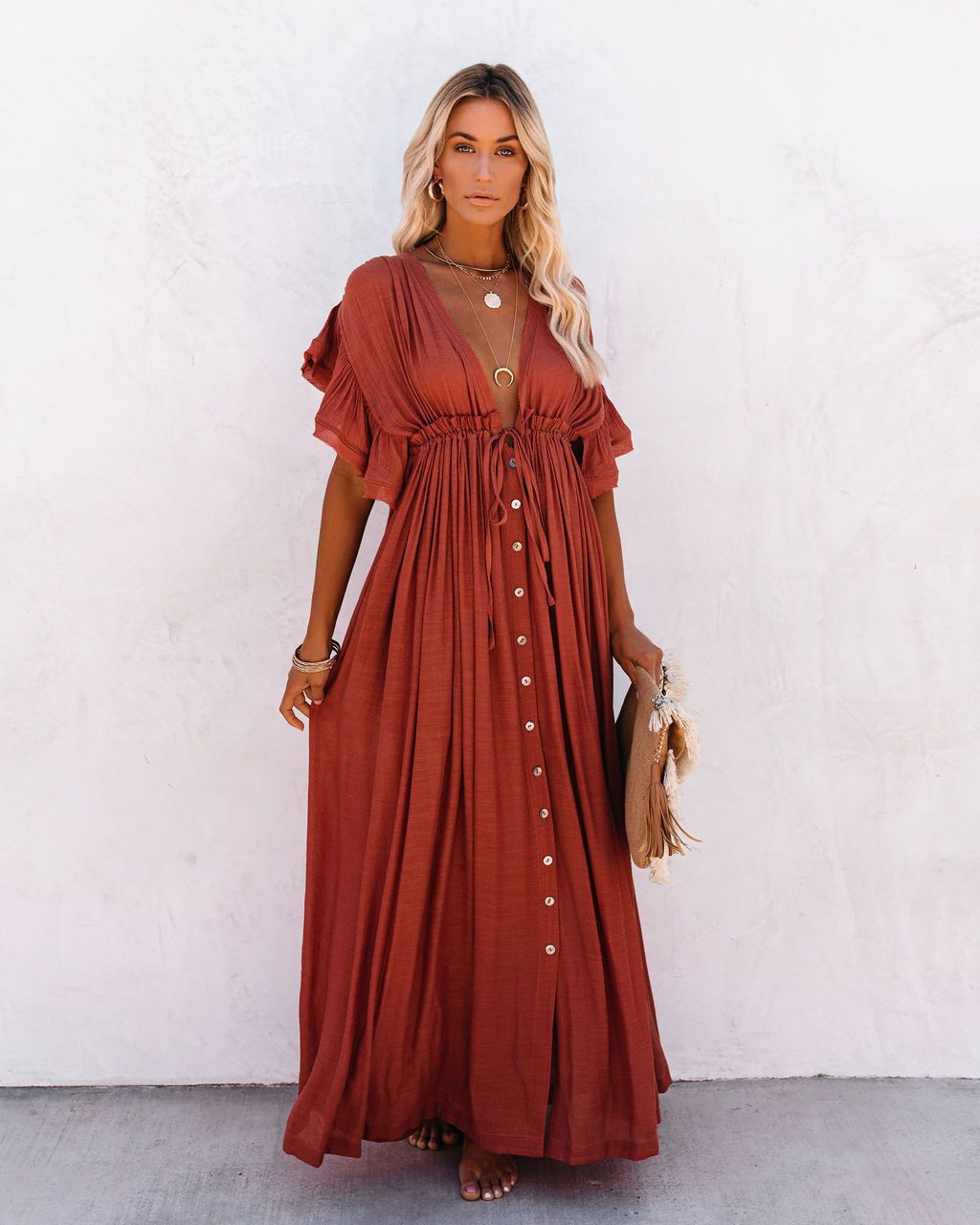 Keyla | Women's Linen Deep V-Neck Flutter Sleeve Drawstring Maxi Dress Carol & Margaret Wilmington