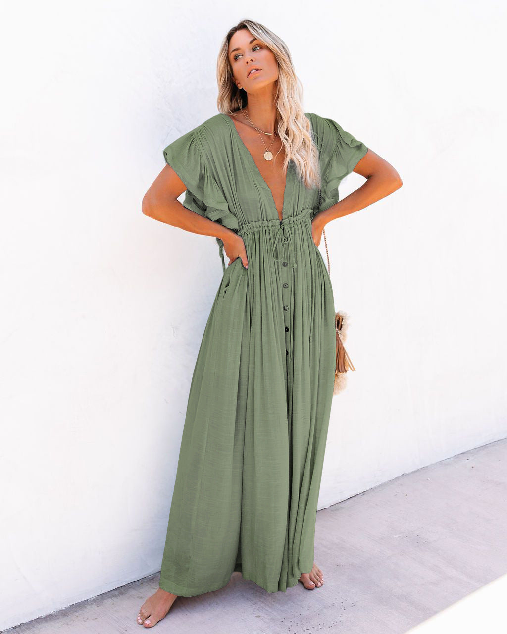 Keyla | Women's Linen Deep V-Neck Flutter Sleeve Drawstring Maxi Dress Carol & Margaret Wilmington