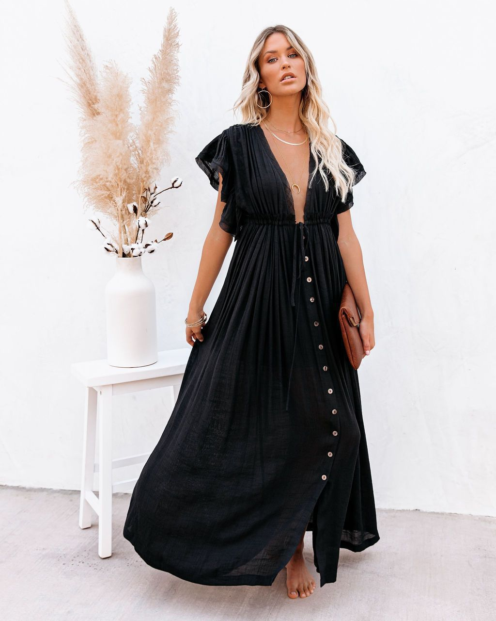 Keyla | Women's Linen Deep V-Neck Flutter Sleeve Drawstring Maxi Dress Carol & Margaret Wilmington