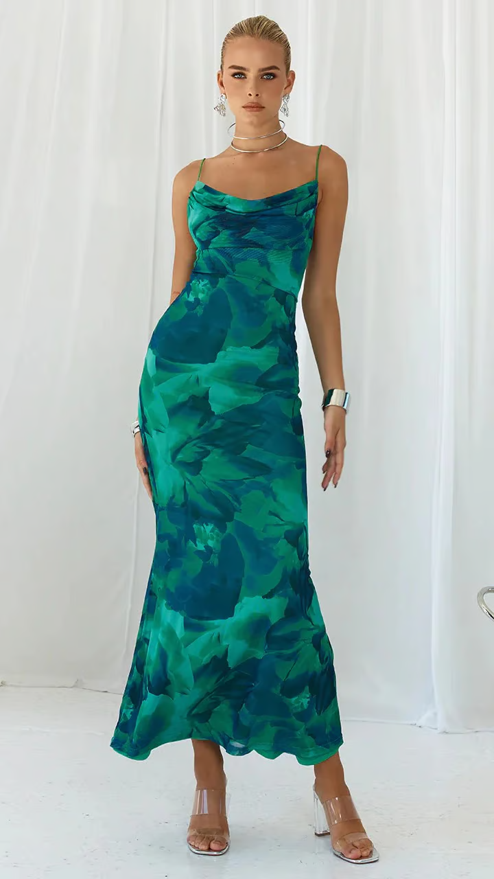 Ryann | Women's Green Chiffon Print Cowl Neck Spaghetti Strap Maxi Dress Carol & Margaret Wilmington