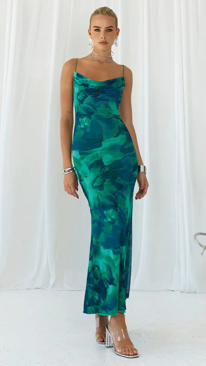 Ryann | Women's Green Chiffon Print Cowl Neck Spaghetti Strap Maxi Dress Carol & Margaret Wilmington