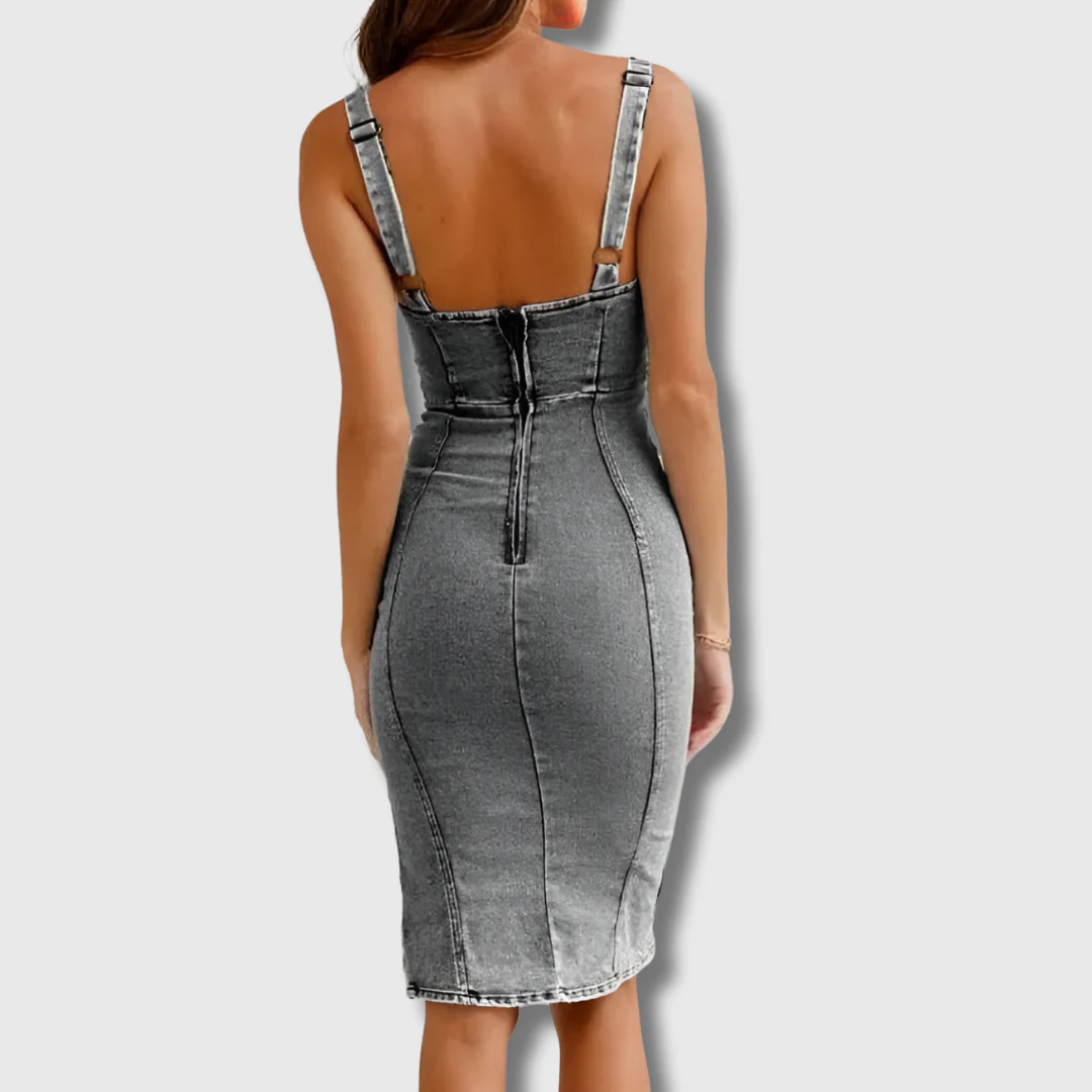 Reese | Women's Denim Bustier Bodycon Side-Slit Midi Dress Carol & Margaret Wilmington