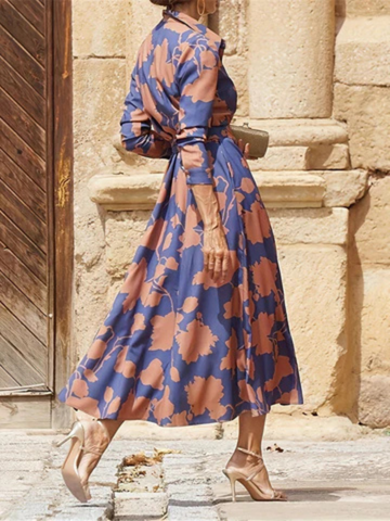 Doris | Women's Blue Satin Floral Print Belted Shirt Midi Dress Carol & Margaret Wilmington