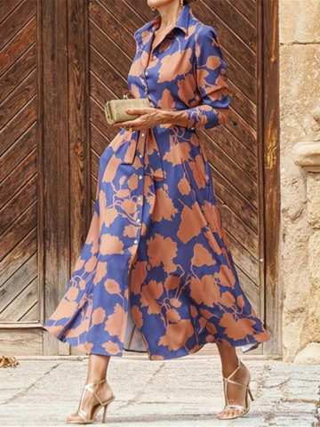 Doris | Women's Blue Satin Floral Print Belted Shirt Midi Dress Carol & Margaret Wilmington