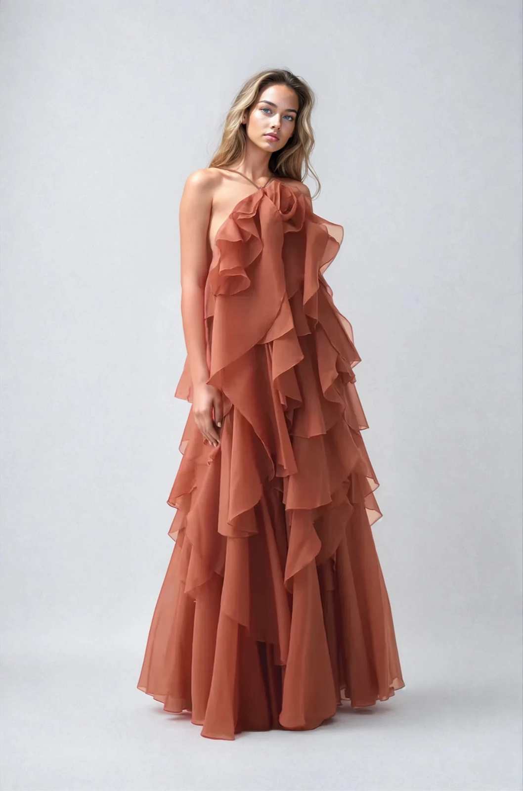 Callie | Women's Chiffon Tiered Ruffle Halter Neck Maxi Dress Carol & Margaret Wilmington