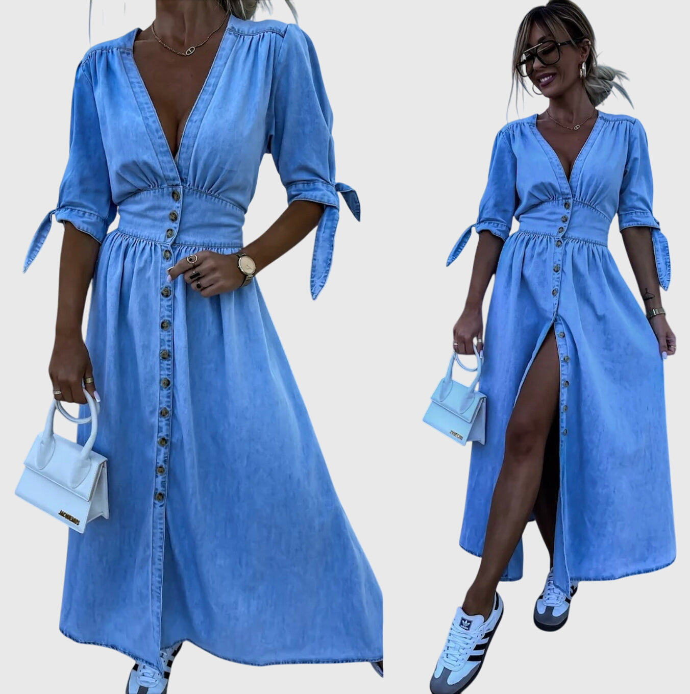 Geraldine | Women's Denim V-Neck Tie-Sleeve Button-Front Maxi Dress Carol & Margaret Wilmington