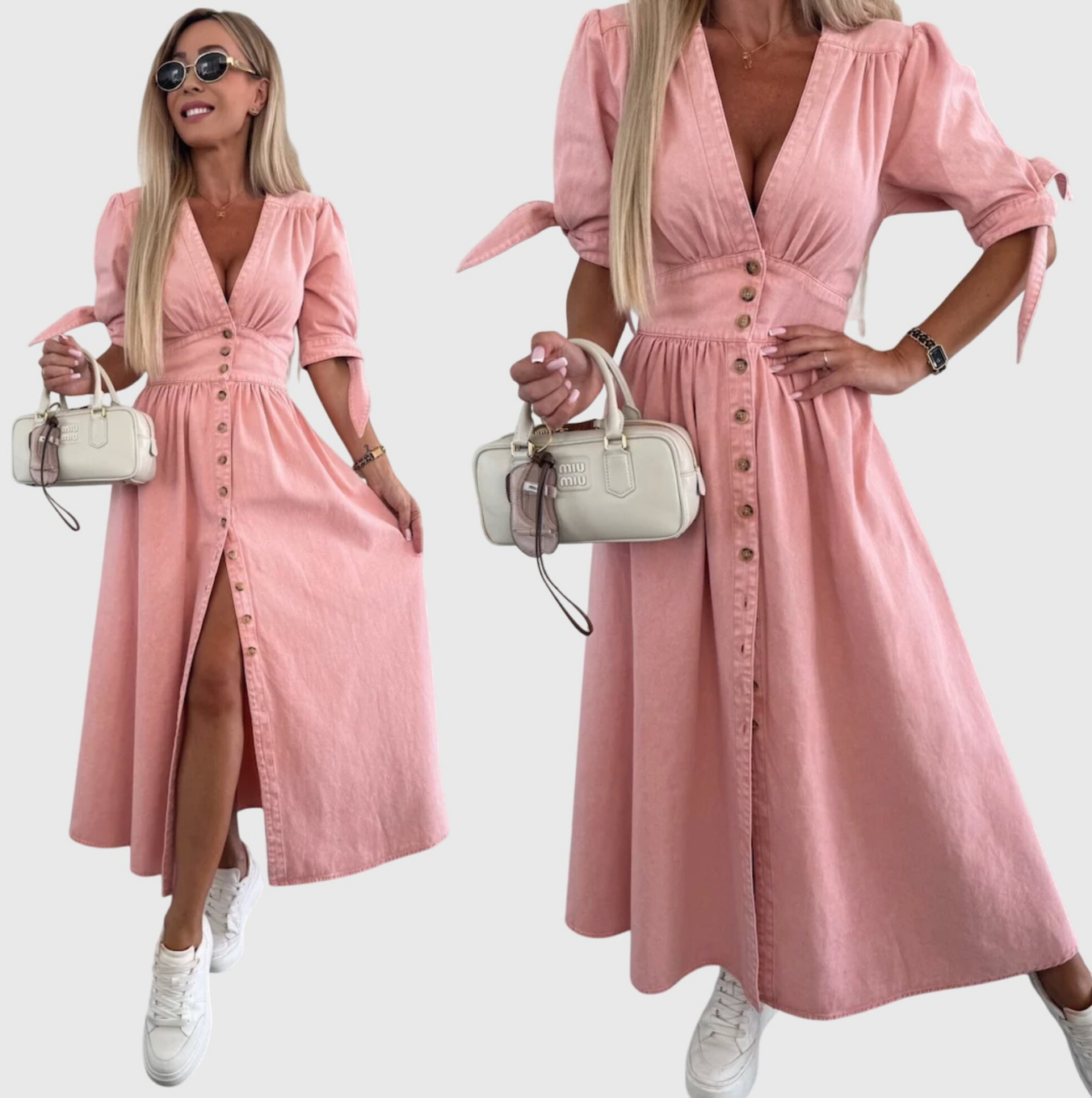 Geraldine | Women's Denim V-Neck Tie-Sleeve Button-Front Maxi Dress Carol & Margaret Wilmington