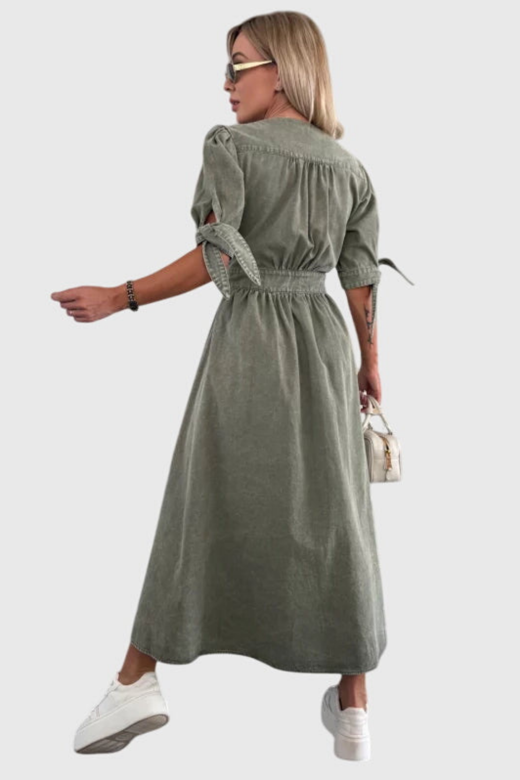 Geraldine | Women's Denim V-Neck Tie-Sleeve Button-Front Maxi Dress Carol & Margaret Wilmington