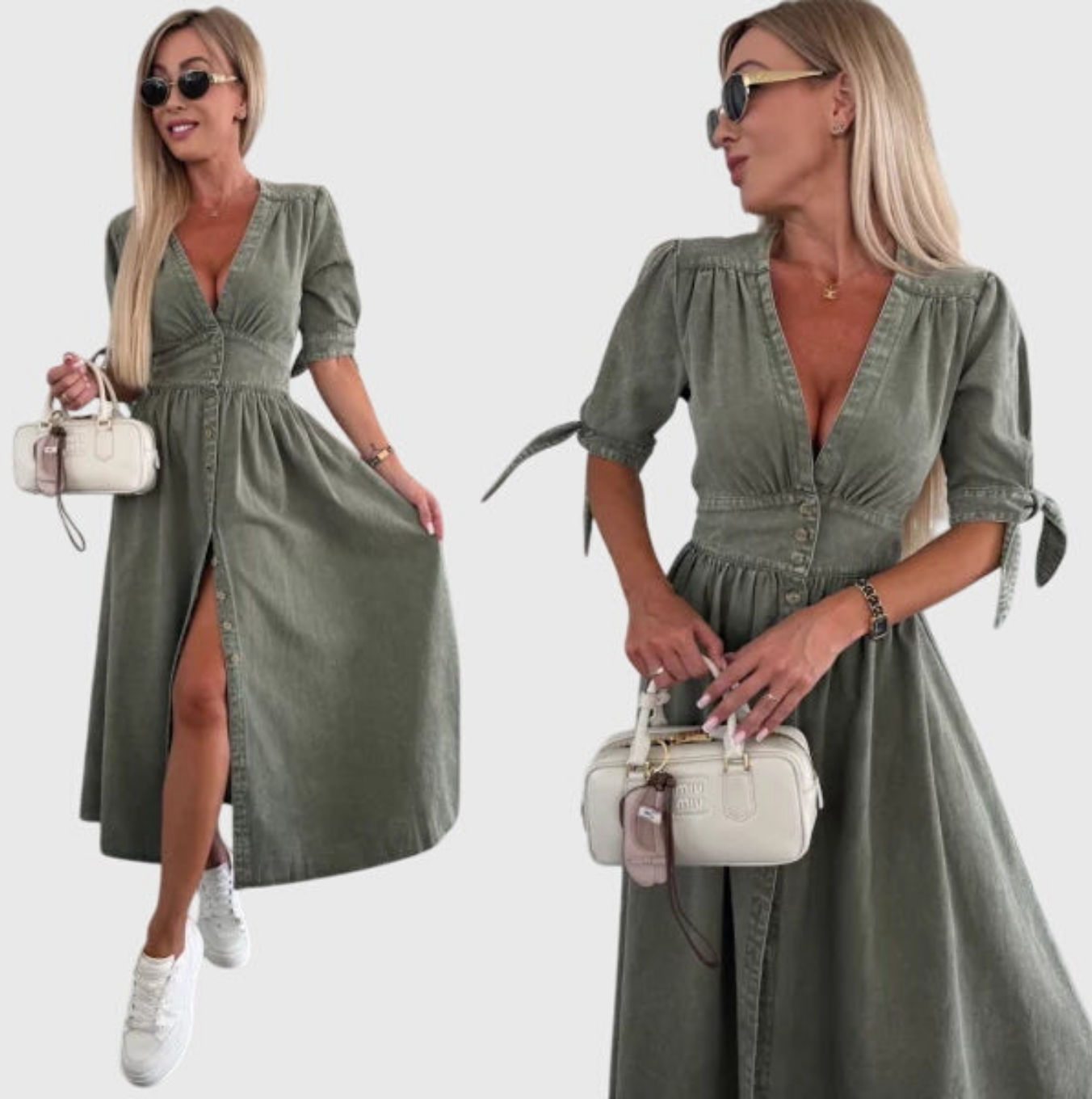 Geraldine | Women's Denim V-Neck Tie-Sleeve Button-Front Maxi Dress Carol & Margaret Wilmington