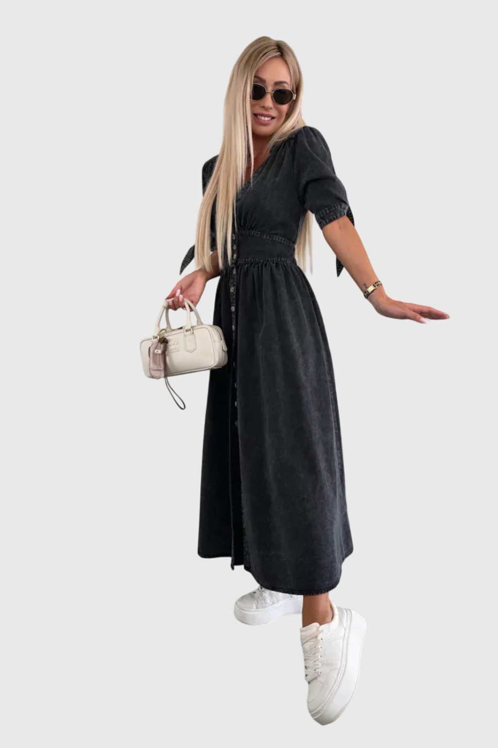 Geraldine | Women's Denim V-Neck Tie-Sleeve Button-Front Maxi Dress Carol & Margaret Wilmington