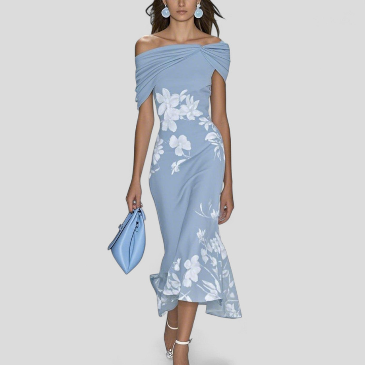 Melanie | Women's Satin Floral Off-Shoulder Twist-Front Midi Dress Carol & Margaret Wilmington