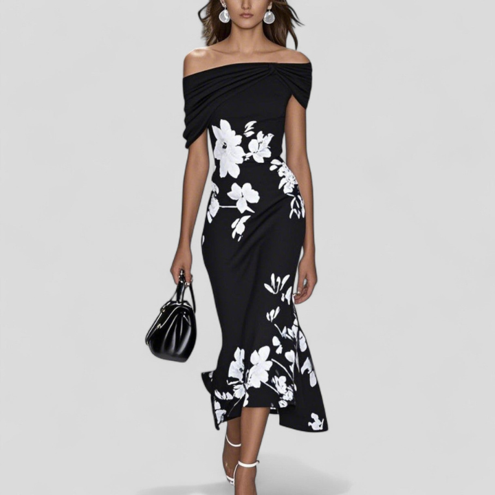 Melanie | Women's Satin Floral Off-Shoulder Twist-Front Midi Dress Carol & Margaret Wilmington