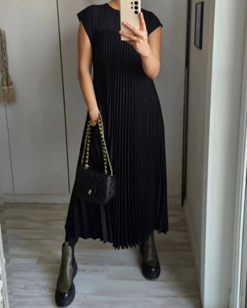 Sylvie | Women's Satin Pleated Cap Sleeve Round Neck Maxi Dress Carol & Margaret Wilmington