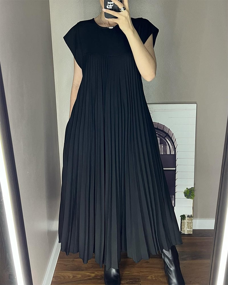 Sylvie | Women's Satin Pleated Cap Sleeve Round Neck Maxi Dress Carol & Margaret Wilmington