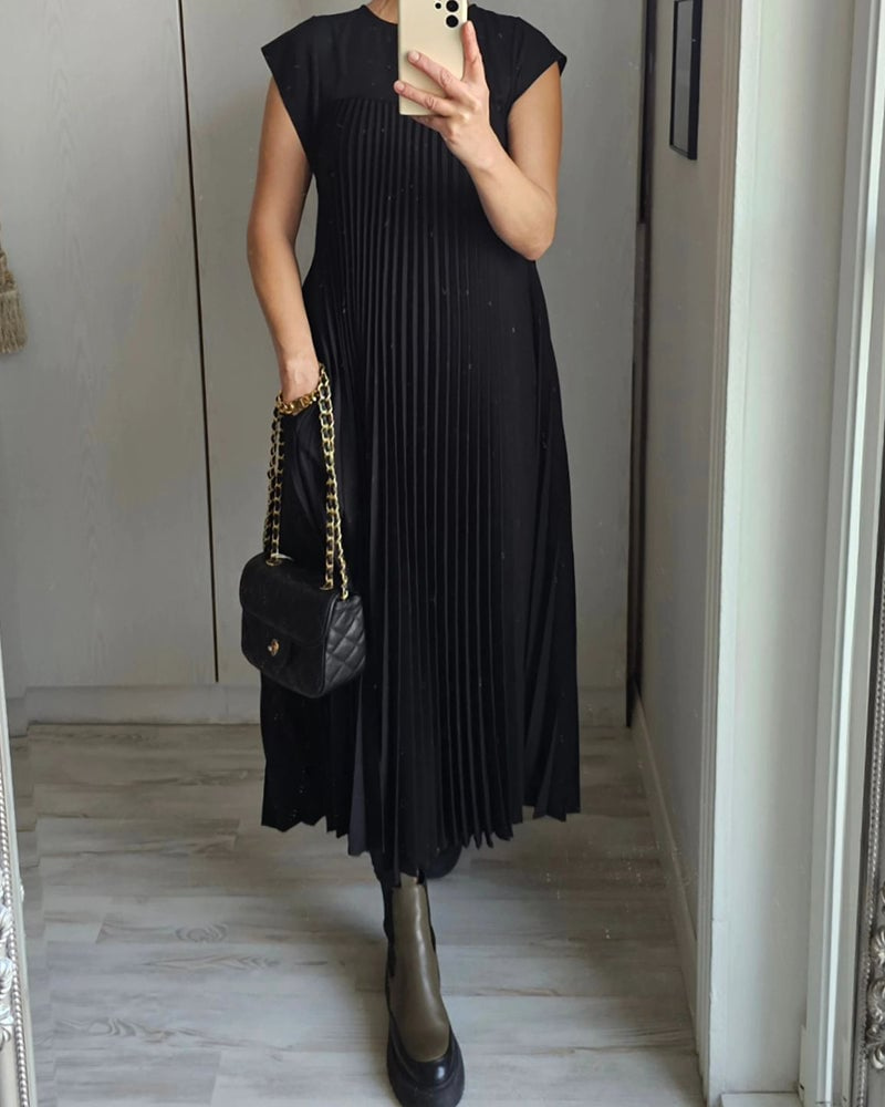 Sylvie | Women's Satin Pleated Cap Sleeve Round Neck Maxi Dress Carol & Margaret Wilmington