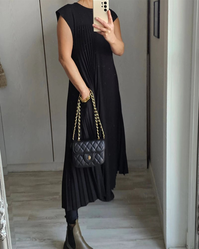 Sylvie | Women's Satin Pleated Cap Sleeve Round Neck Maxi Dress Carol & Margaret Wilmington