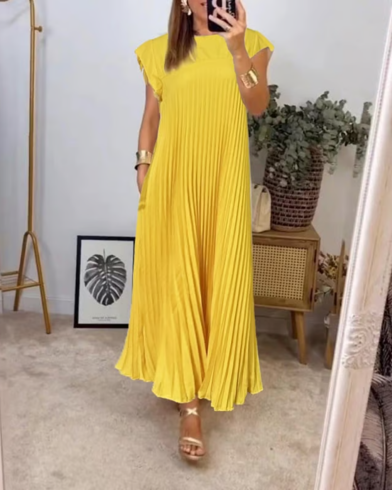 Sylvie | Women's Satin Pleated Cap Sleeve Round Neck Maxi Dress Carol & Margaret Wilmington