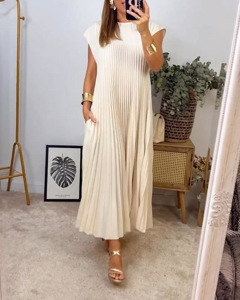 Sylvie | Women's Satin Pleated Cap Sleeve Round Neck Maxi Dress Carol & Margaret Wilmington