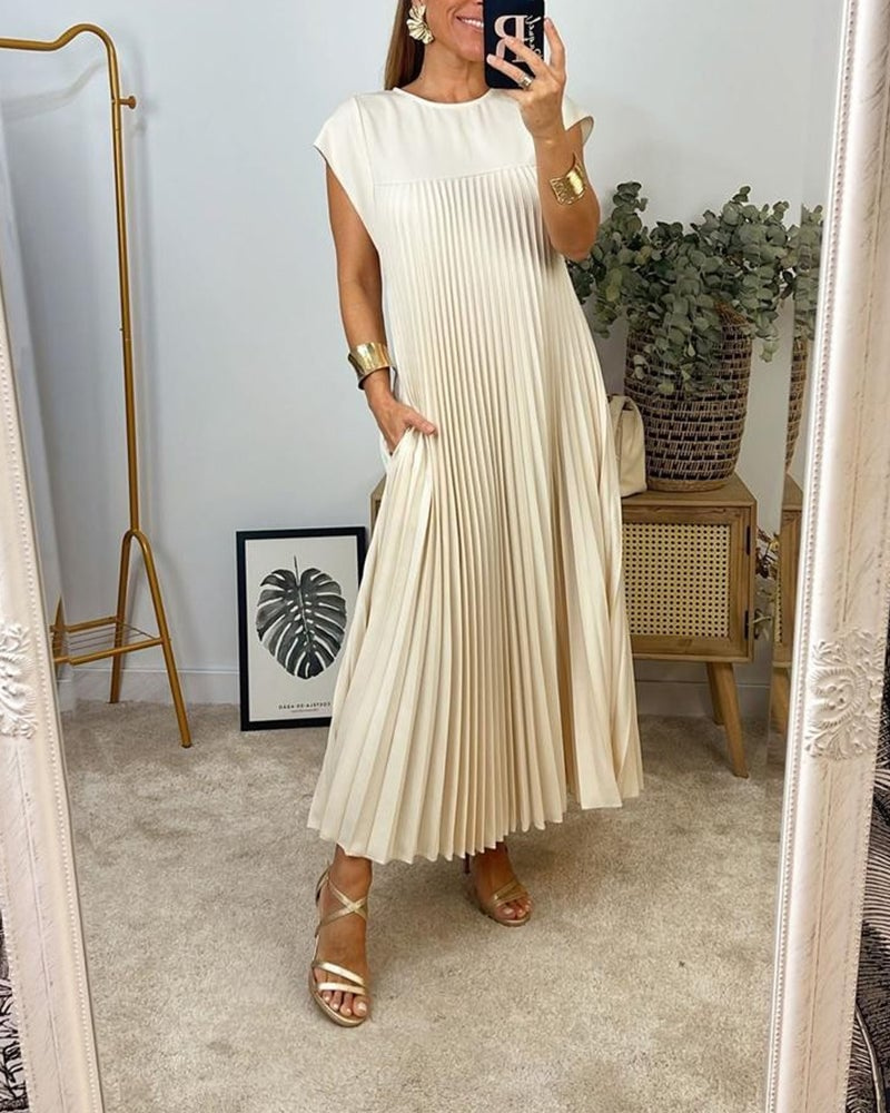 Sylvie | Women's Satin Pleated Cap Sleeve Round Neck Maxi Dress Carol & Margaret Wilmington