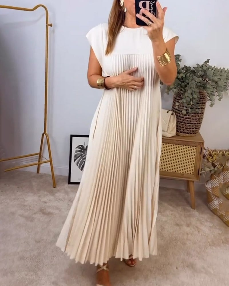 Sylvie | Women's Satin Pleated Cap Sleeve Round Neck Maxi Dress Carol & Margaret Wilmington