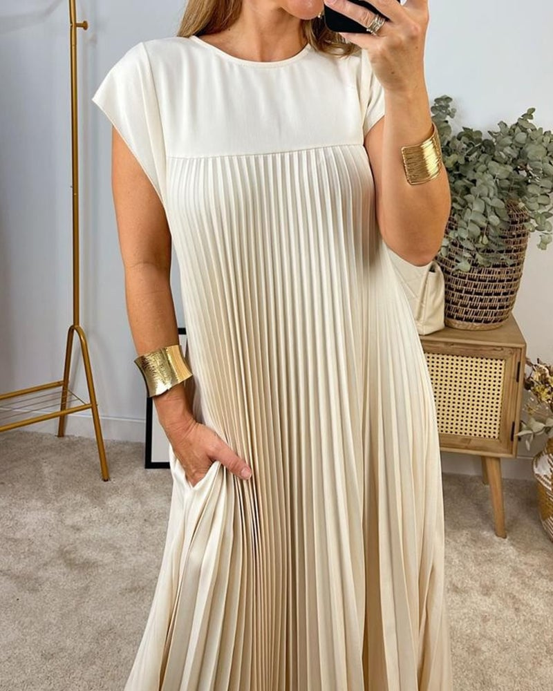 Sylvie | Women's Satin Pleated Cap Sleeve Round Neck Maxi Dress Carol & Margaret Wilmington